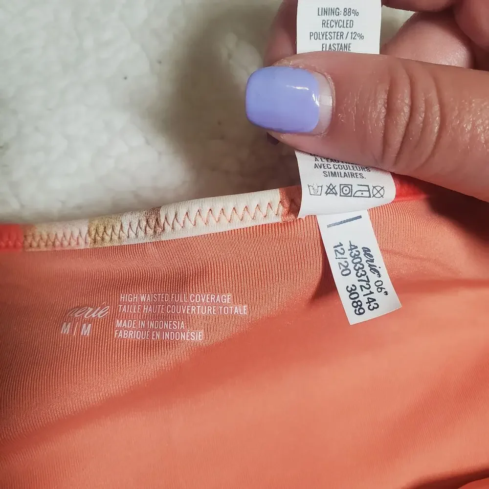 Aerie High Waisted Full Coverage Ruffle Tie Dye Pink Bikini Swim Bottoms NWT M - Picture 9 of 13